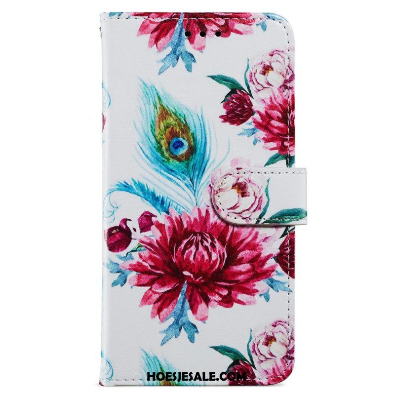 Leren Hoesje voor Moto G73 5G Met Ketting Strakke Bloemen