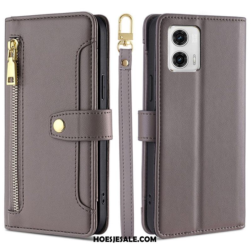 Leren Hoesje voor Moto G73 5G Portemonnee Met Schouderriem En Lanyard