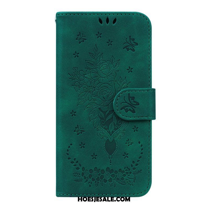 Leren Hoesje voor Samsung Galaxy A14 / A14 5G Met Ketting Strappy Rozen En Vlinders