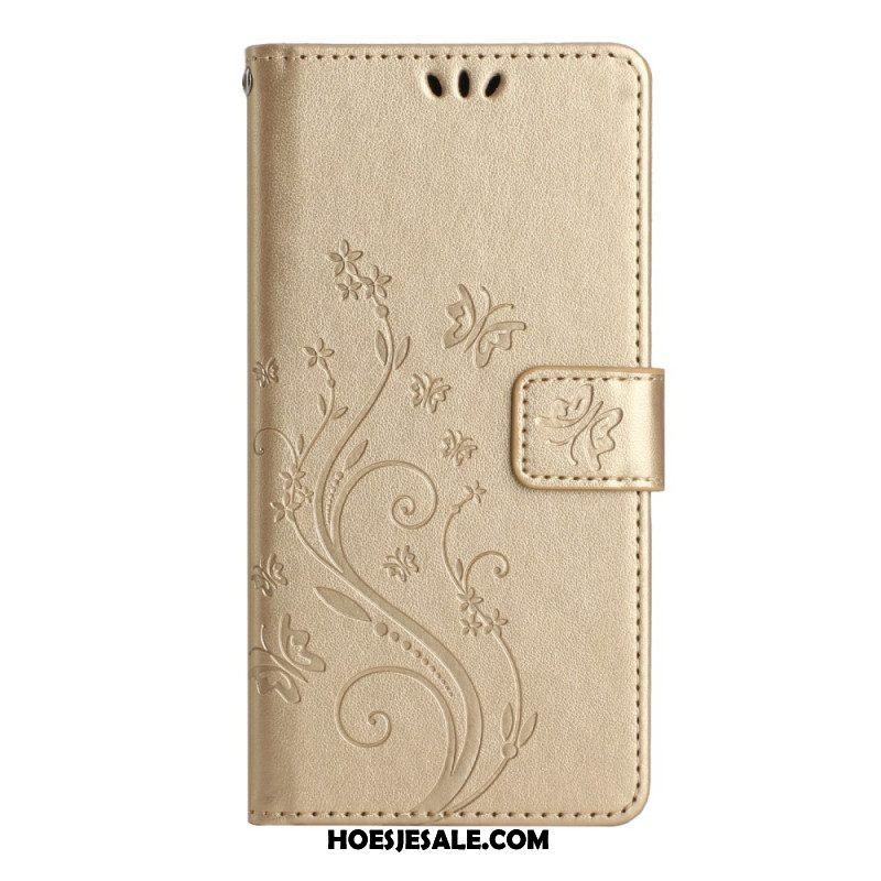 Leren Hoesje voor Samsung Galaxy A54 5G Met Ketting Bloemen En Vlinders Met Riem