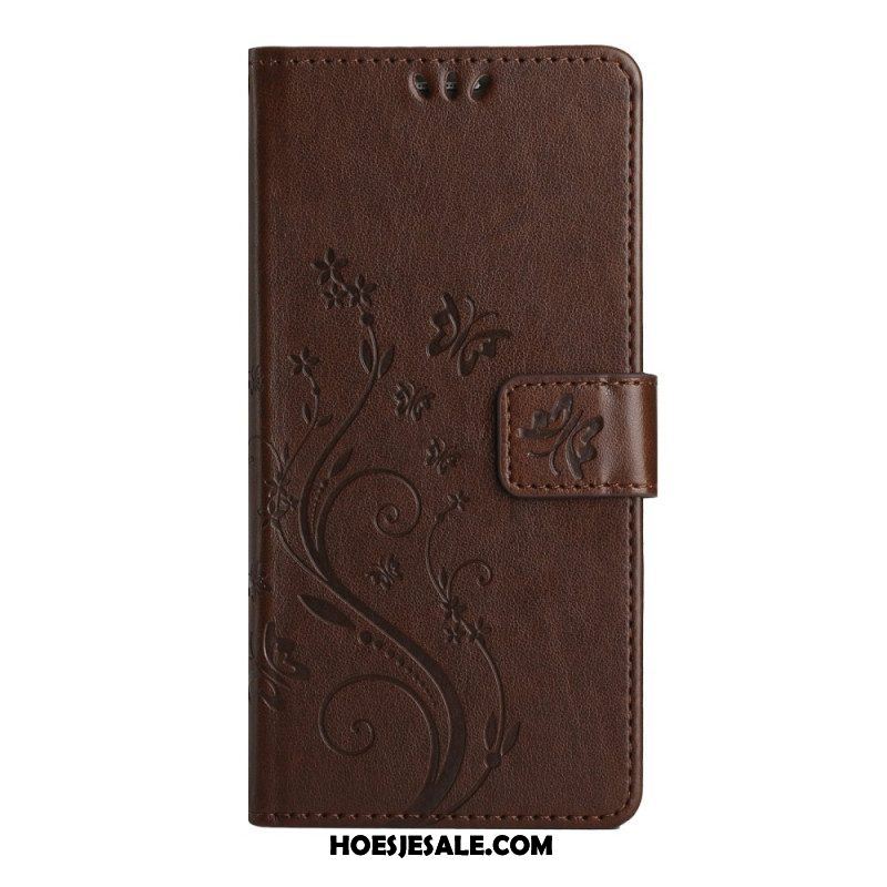 Leren Hoesje voor Samsung Galaxy A54 5G Met Ketting Bloemen En Vlinders Met Riem