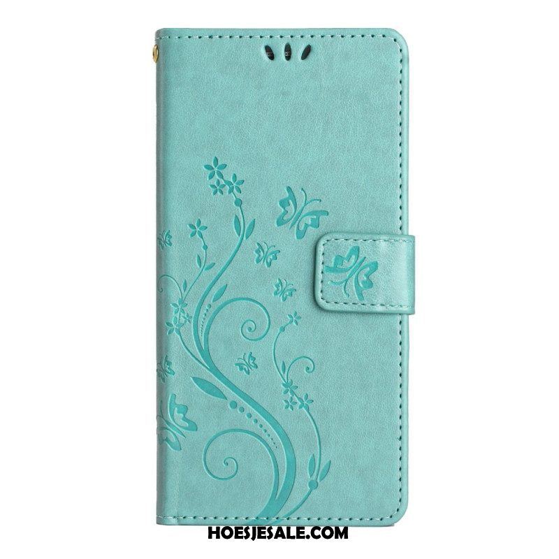 Leren Hoesje voor Samsung Galaxy A54 5G Met Ketting Bloemen En Vlinders Met Riem