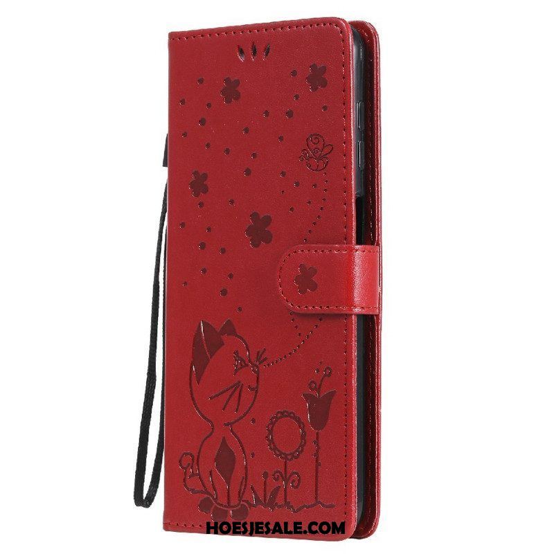 Leren Hoesje voor Samsung Galaxy M12 / A12 Met Ketting Kat En Bij Met Lanyard