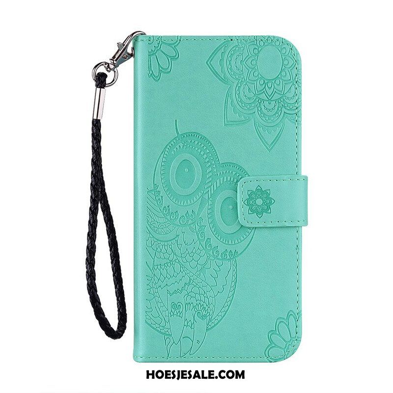 Leren Hoesje voor Samsung Galaxy S21 FE Uil Mandala En Lanyard