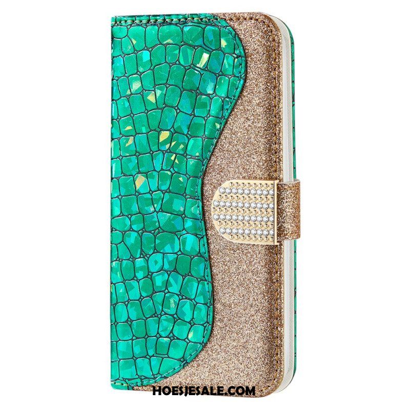 Leren Hoesje voor Samsung Galaxy S22 5G Krokodil Diamanten