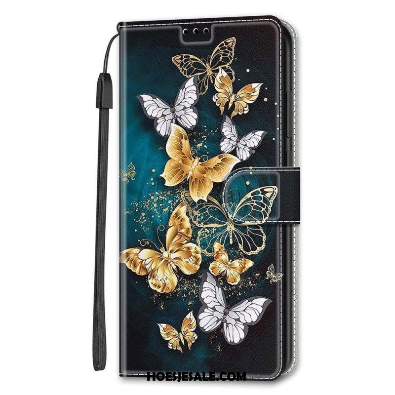 Leren Hoesje voor Samsung Galaxy S22 Ultra 5G Met Ketting Riem Vlinders Waaier