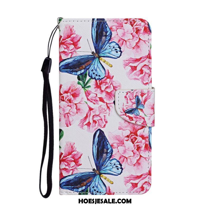 Leren Hoesje voor Samsung Galaxy S22 Ultra 5G Vlinders Floral Lanyard