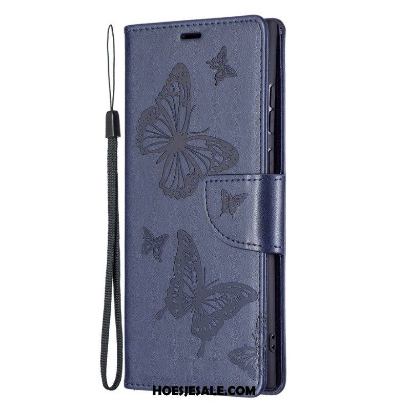 Leren Hoesje voor Samsung Galaxy S22 Ultra 5G Vlinders Tijdens De Vlucht Met Lanyard