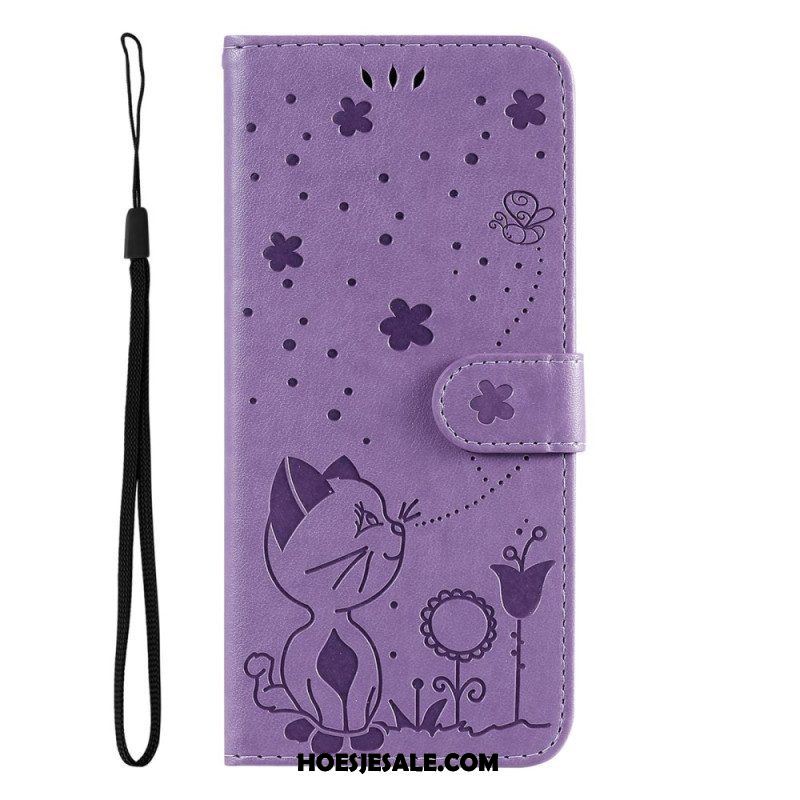 Leren Hoesje voor Samsung Galaxy S23 5G Met Ketting Strappy Kat En Bijen