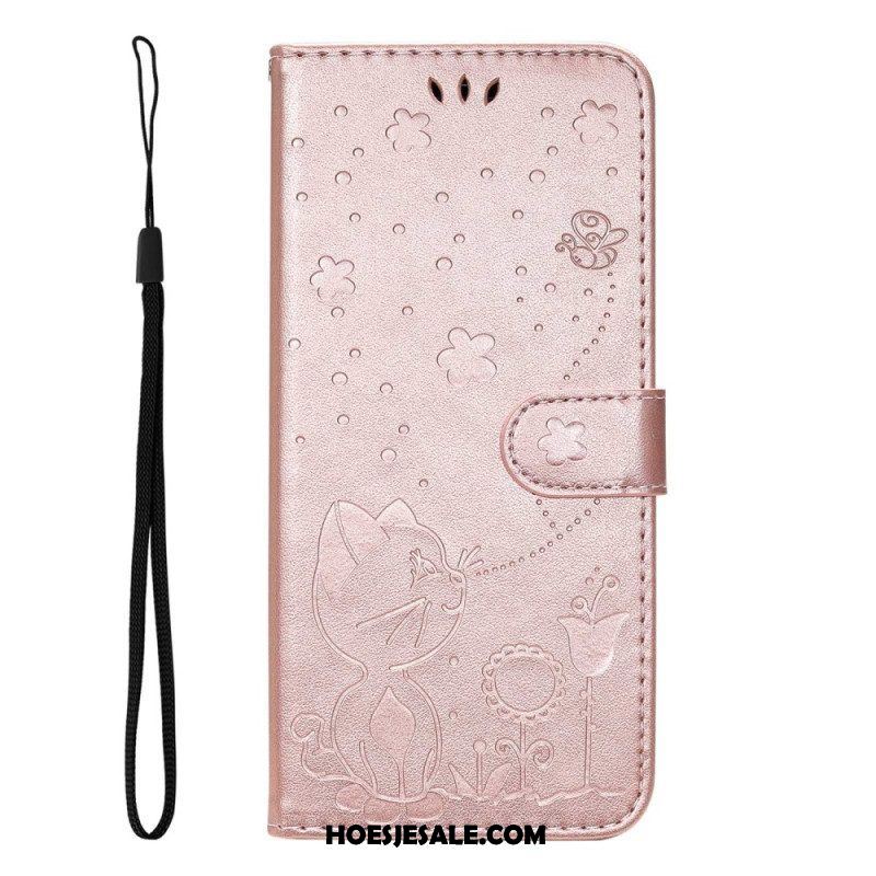 Leren Hoesje voor Samsung Galaxy S23 5G Met Ketting Strappy Kat En Bijen