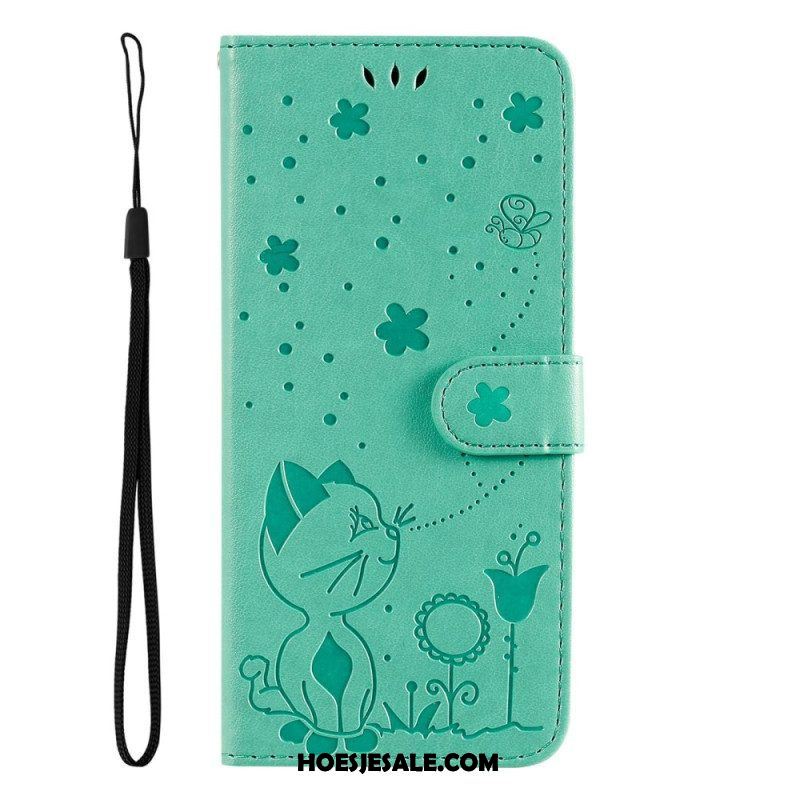 Leren Hoesje voor Samsung Galaxy S23 5G Met Ketting Strappy Kat En Bijen