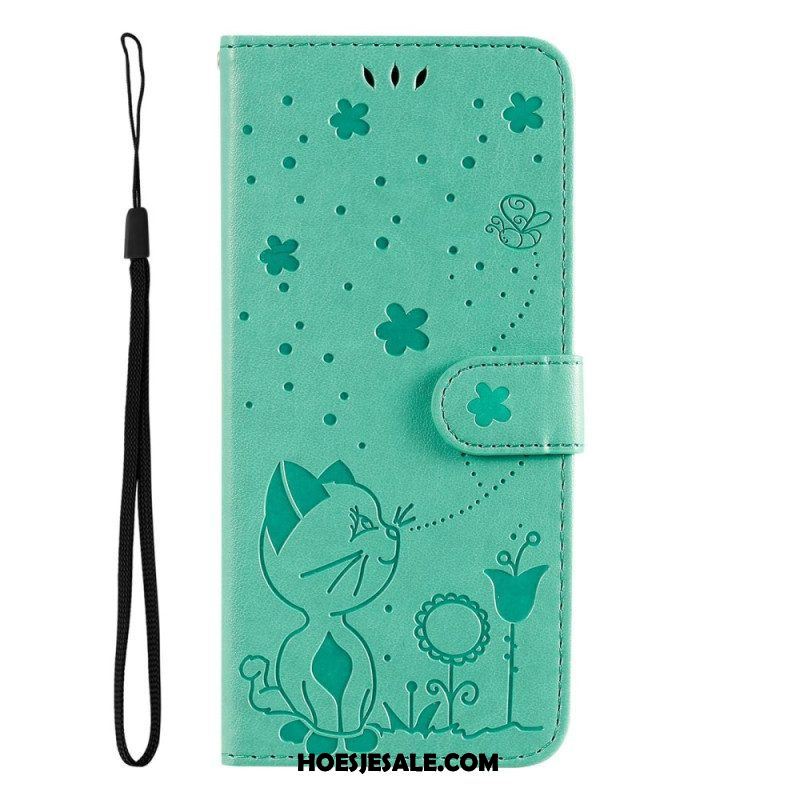 Leren Hoesje voor Samsung Galaxy S23 5G Met Ketting Strappy Kat En Bijen