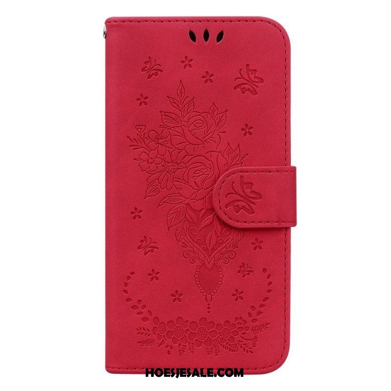 Leren Hoesje voor Samsung Galaxy S23 5G Met Ketting Strappy Rozen En Vlinders