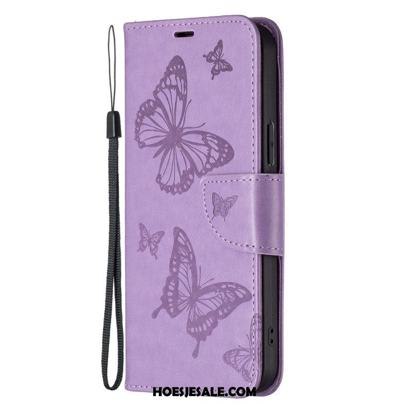 Leren Hoesje voor Samsung Galaxy S23 5G Met Ketting String Vlinders