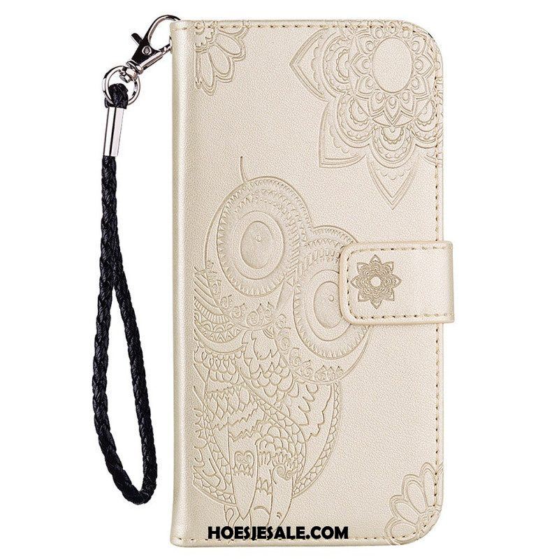 Leren Hoesje voor Samsung Galaxy S23 5G Uil Mandala En Lanyard