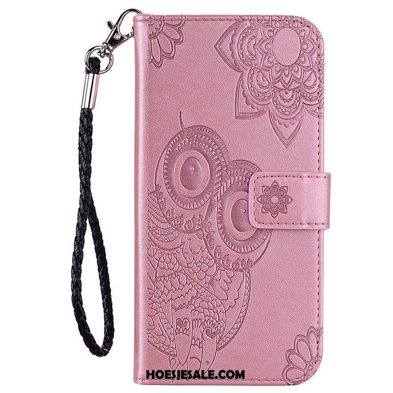 Leren Hoesje voor Samsung Galaxy S23 5G Uil Mandala En Lanyard