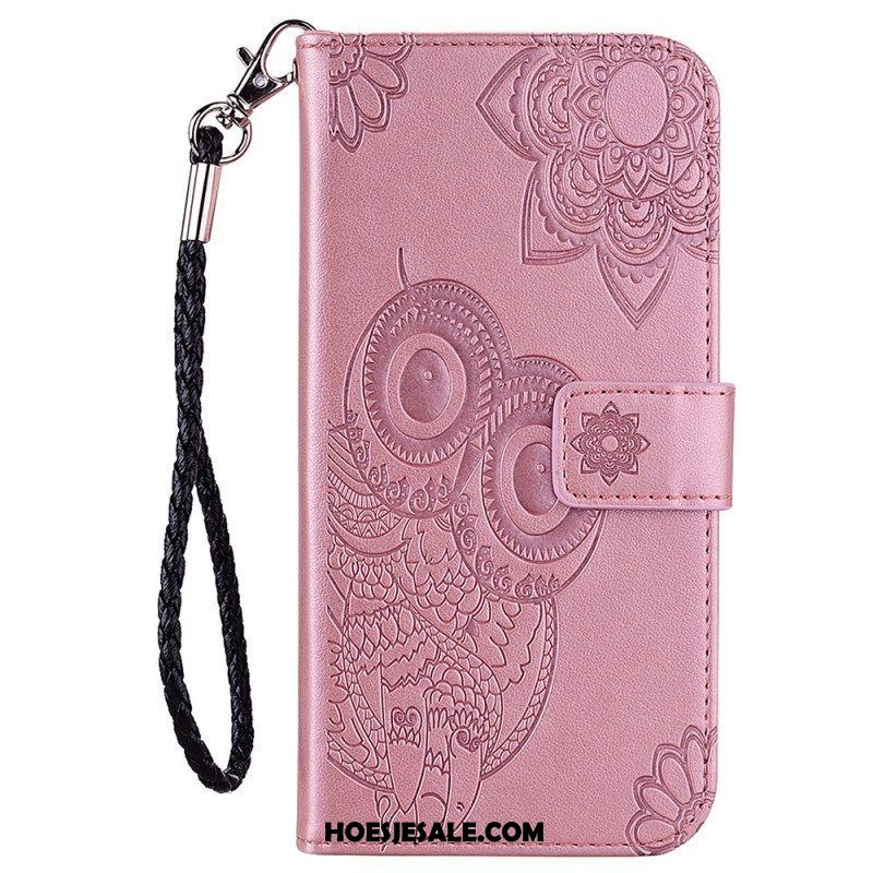 Leren Hoesje voor Samsung Galaxy S23 5G Uil Mandala En Lanyard