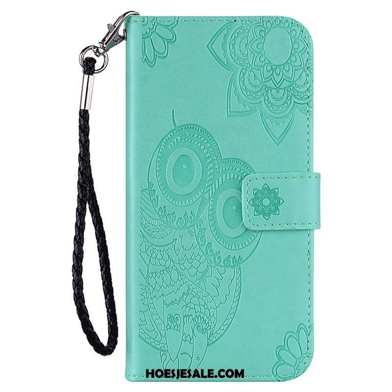 Leren Hoesje voor Samsung Galaxy S23 5G Uil Mandala En Lanyard