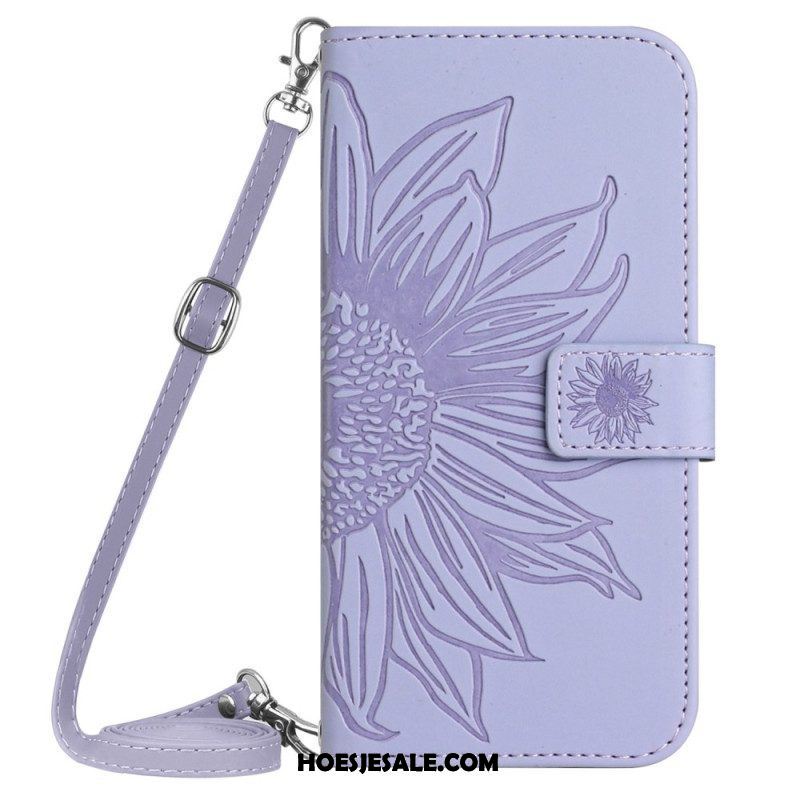 Leren Hoesje voor Samsung Galaxy S23 5G Zonnebloem Schouderriem