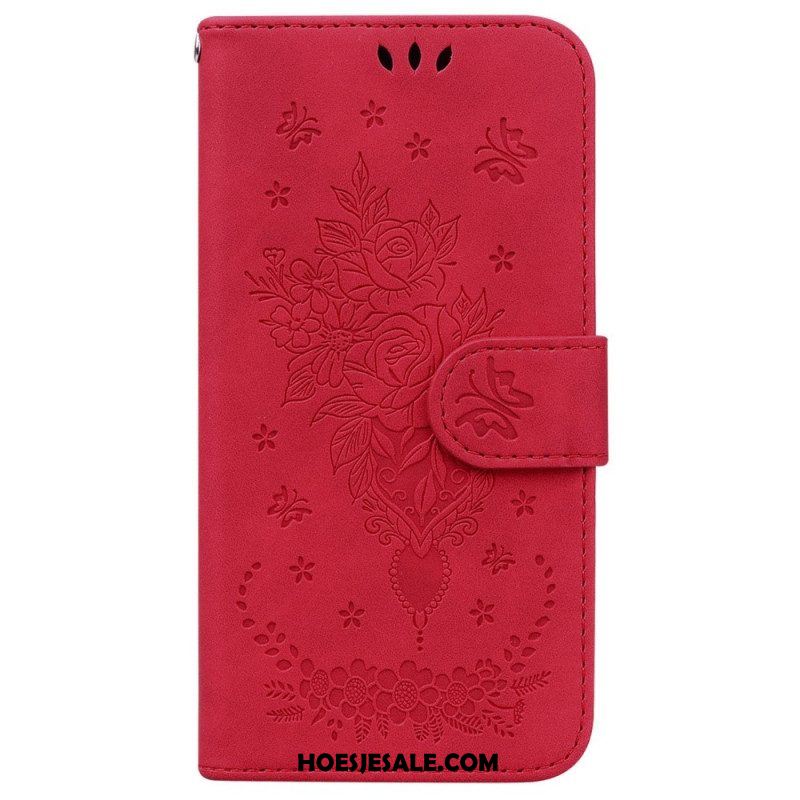 Leren Hoesje voor Xiaomi 12 / 12X Met Ketting Strappy Rozen En Vlinders