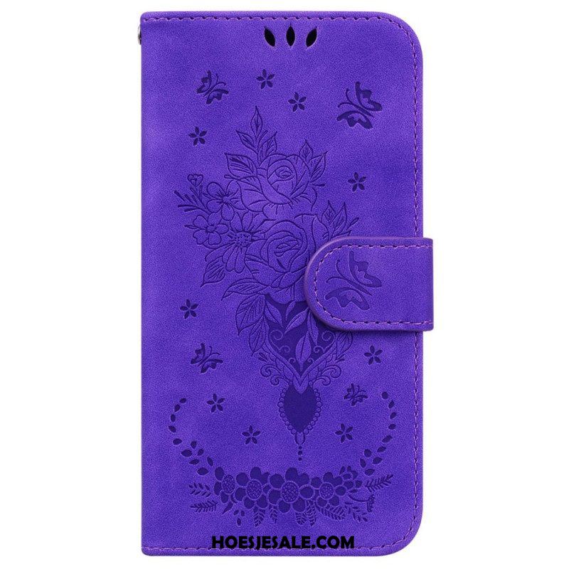 Leren Hoesje voor Xiaomi 12 / 12X Met Ketting Strappy Rozen En Vlinders