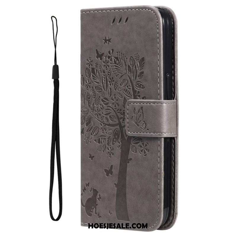 Leren Hoesje voor Xiaomi 12T / 12T Pro Met Ketting Kat Onder De String Tree