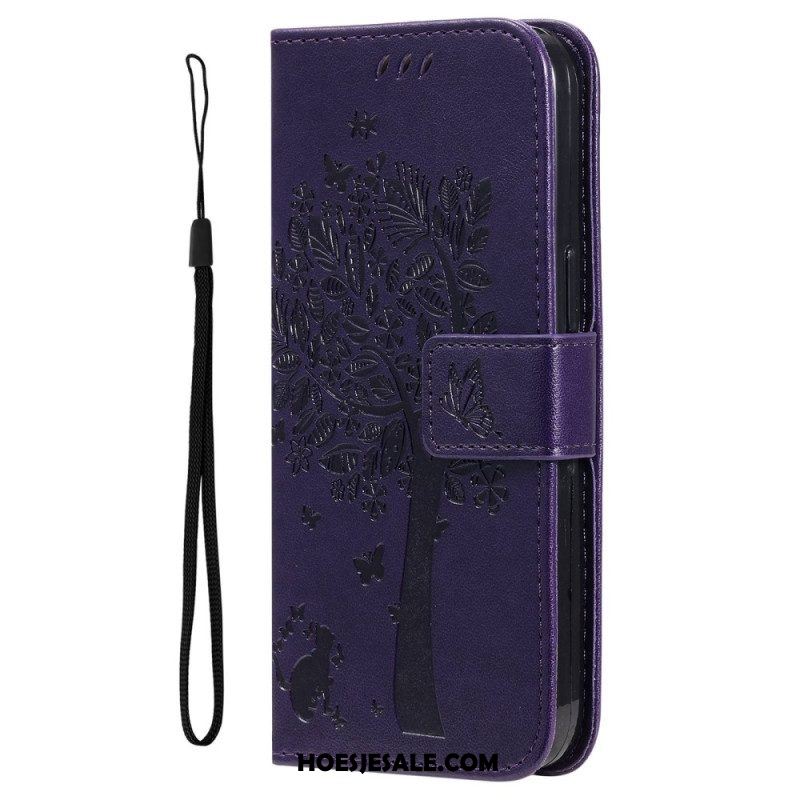 Leren Hoesje voor Xiaomi 12T / 12T Pro Met Ketting Kat Onder De String Tree