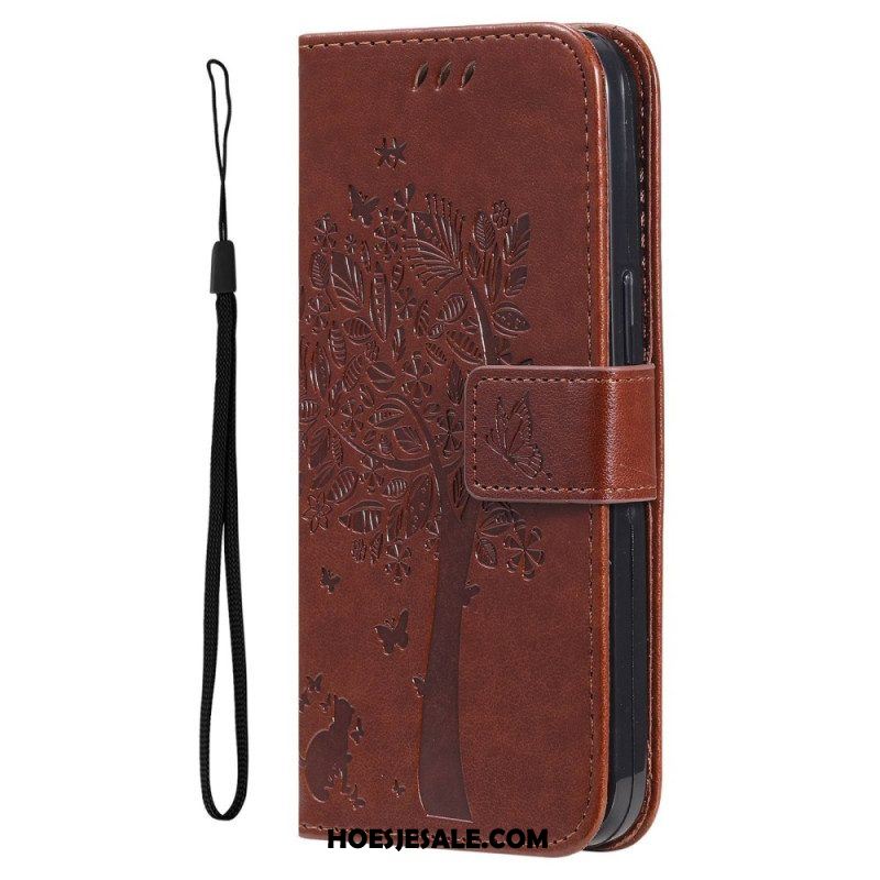 Leren Hoesje voor Xiaomi 12T / 12T Pro Met Ketting Kat Onder De String Tree