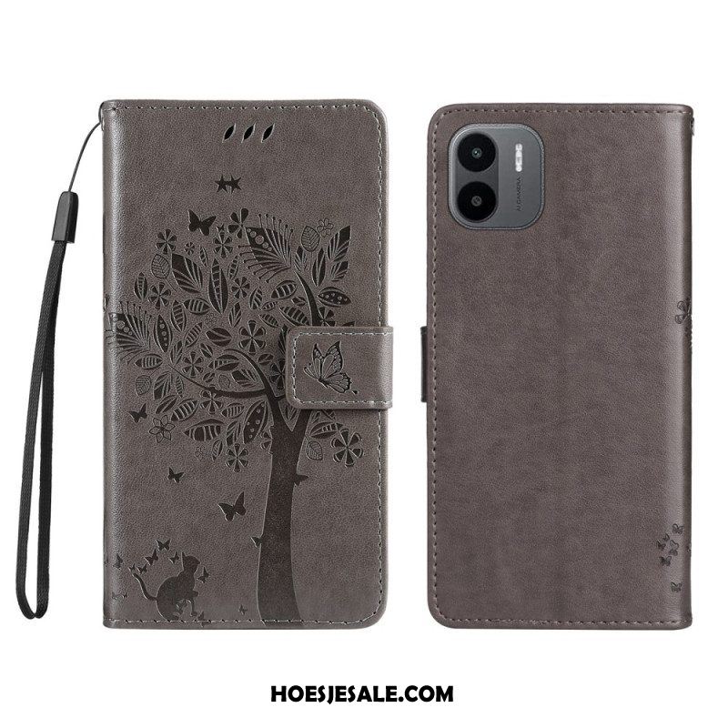 Leren Hoesje voor Xiaomi Redmi A1 Met Ketting Boom En Strappy Cat