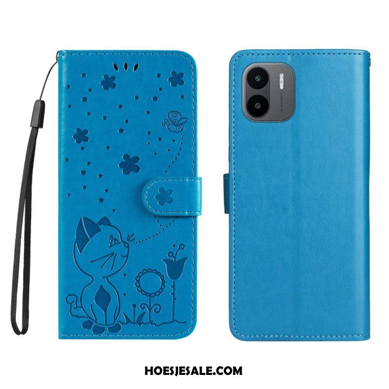 Leren Hoesje voor Xiaomi Redmi A1 Met Ketting Kat En Bij Met Lanyard