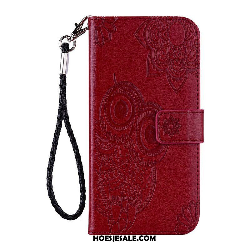 Leren Hoesje voor Xiaomi Redmi Note 10 / 10S Uil Mandala En Lanyard