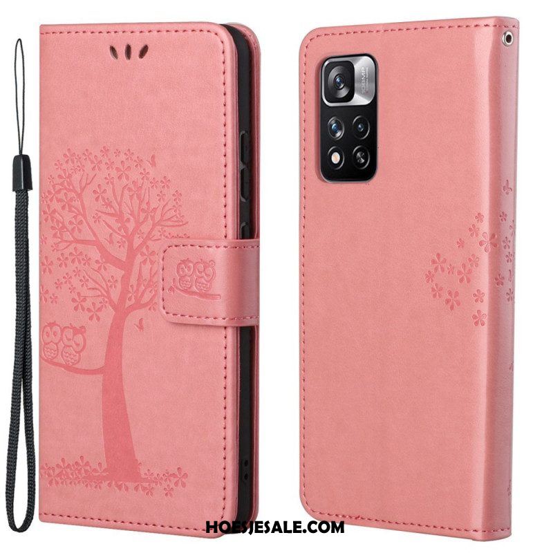 Leren Hoesje voor Xiaomi Redmi Note 11 Pro / 11 Pro 5G Met Ketting String Boom En Uilen