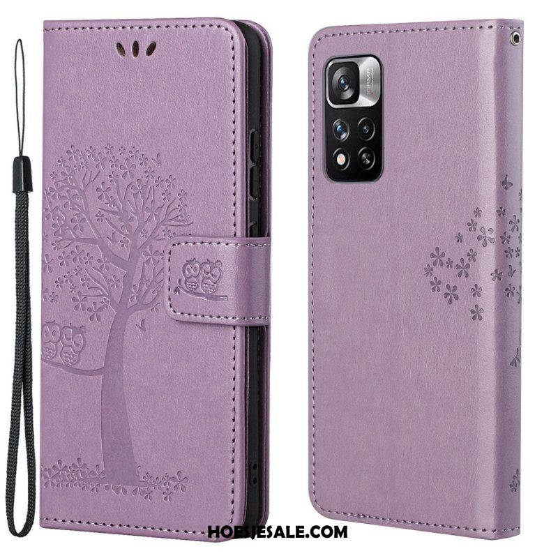 Leren Hoesje voor Xiaomi Redmi Note 11 Pro / 11 Pro 5G Met Ketting String Boom En Uilen