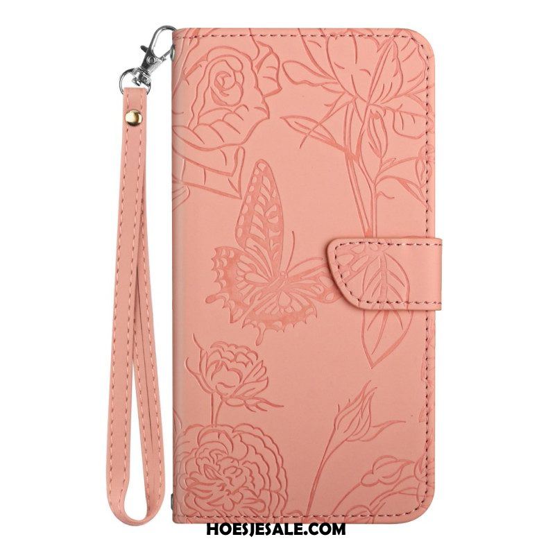 Leren Hoesje voor Xiaomi Redmi Note 12 4G Vlinders En Lanyard