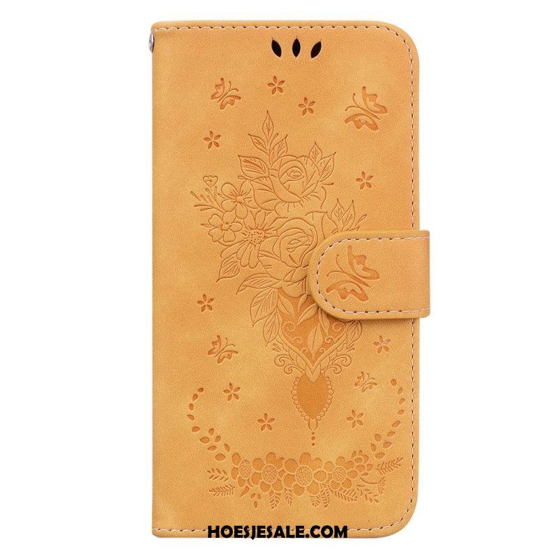 Leren Hoesje voor Xiaomi Redmi Note 12 5G Met Ketting Strappy Rozen En Vlinders