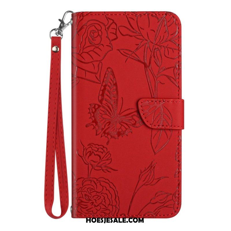 Leren Hoesje voor Xiaomi Redmi Note 12 Pro Vlinders En Lanyard