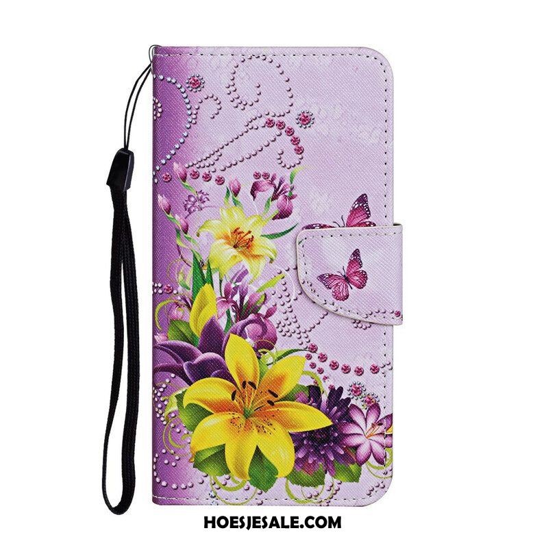 Leren Hoesje voor iPhone 13 Pro Meesterlijke Bloemen Met Riem