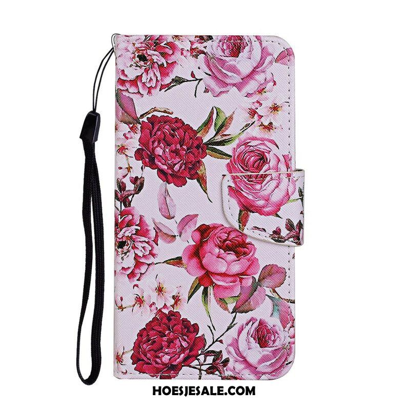 Leren Hoesje voor iPhone 13 Pro Meesterlijke Bloemen Met Riem