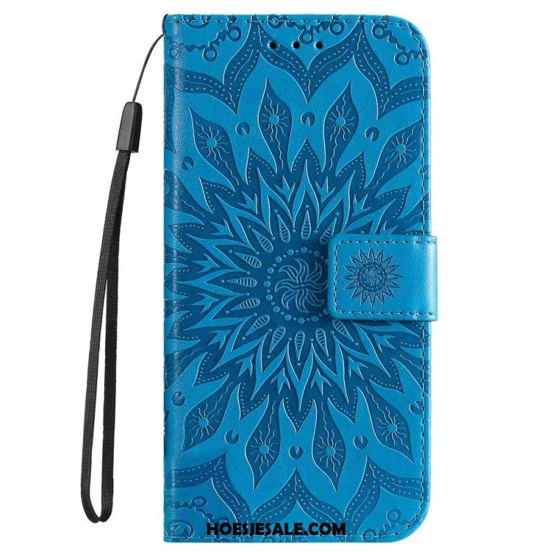 Leren Hoesje voor iPhone 14 Pro Max Mandala Zon Met Lanyard