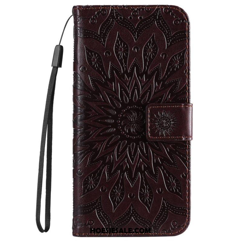 Leren Hoesje voor iPhone 14 Pro Max Mandala Zon Met Lanyard