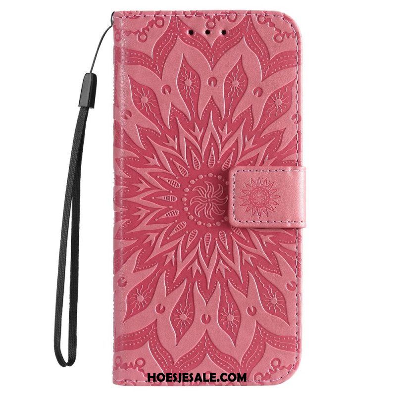 Leren Hoesje voor iPhone 14 Pro Max Mandala Zon Met Lanyard