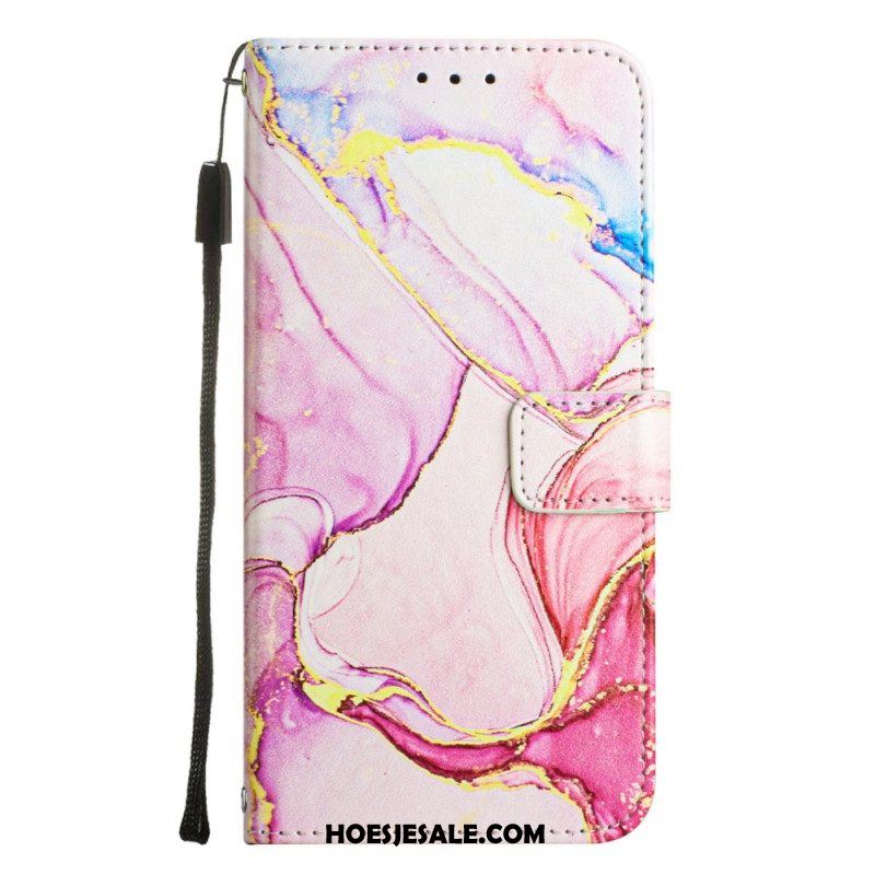 Leren Hoesje voor iPhone 14 Pro Max Met Ketting Marmer Strippen