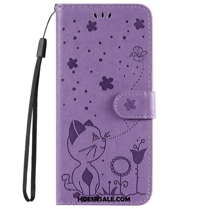 Leren Hoesje voor iPhone 14 Pro Max Met Ketting Strappy Kat En Bijen