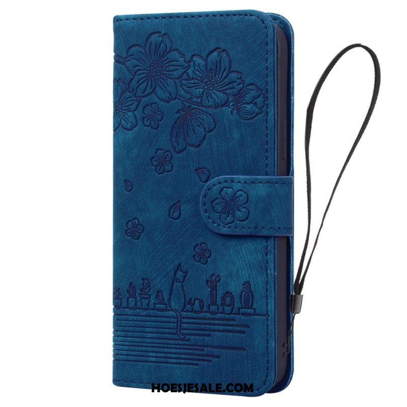 Leren Hoesje voor iPhone 14 Pro Met Ketting Strappy Kattenprint