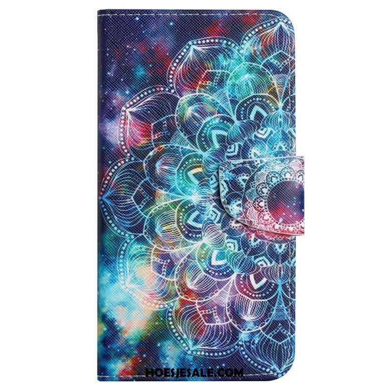 Leren Hoesje voor iPhone 15 Met Ketting Kleurrijke Mandala Met Bandje