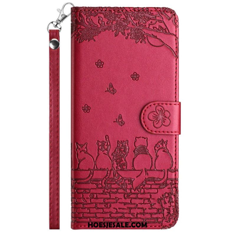 Leren Hoesje voor iPhone 15 Plus Met Ketting Bloemenkat Met Riem