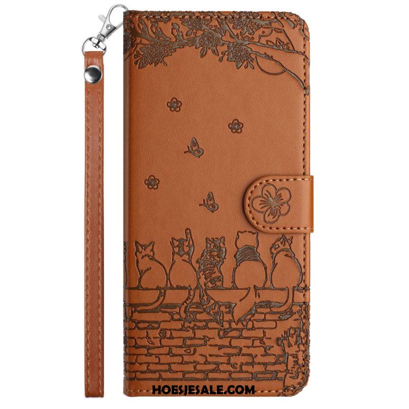 Leren Hoesje voor iPhone 15 Plus Met Ketting Bloemenkat Met Riem