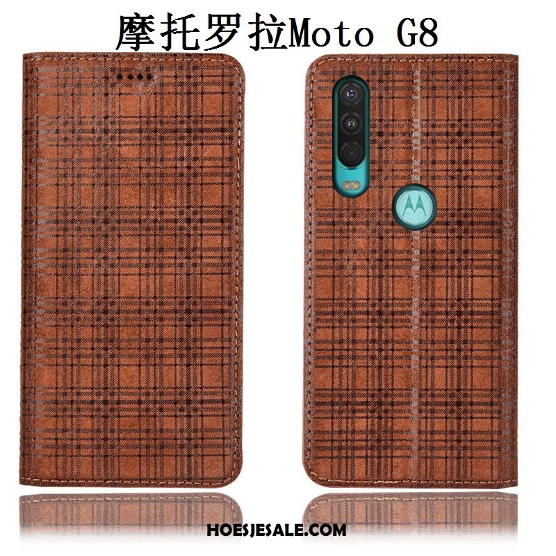 Moto G8 Hoesje Bescherming Grijs Echt Leer Hoes Fluweel Goedkoop