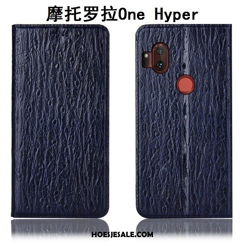 Motorola One Hyper Hoesje Donkerblauw Mobiele Telefoon Echt Leer Folio Patroon Sale