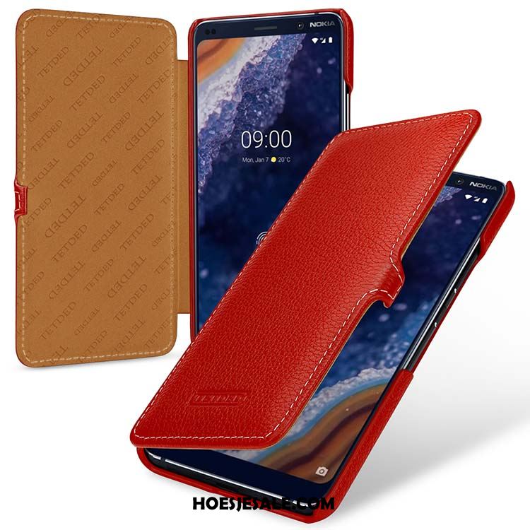 Nokia 9 Pureview Hoesje Anti-fall Echt Leer Rood Bescherming Folio Goedkoop